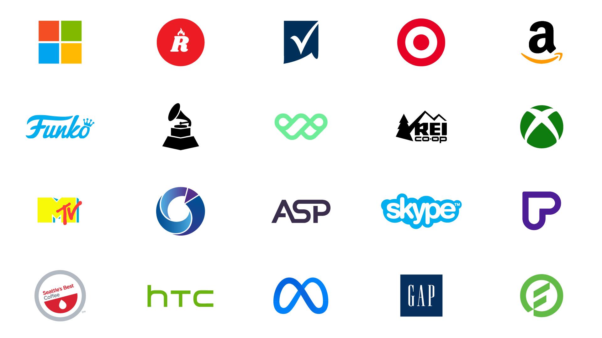 Logos of brands Tony has designed for, including Microsoft, Smartsheet, Target, Amazon, Funko, the Recording Academy, REI, Xbox, MTV, Skype, Seattle&rsquo;s Best Coffee, HTC, Meta, and Gap