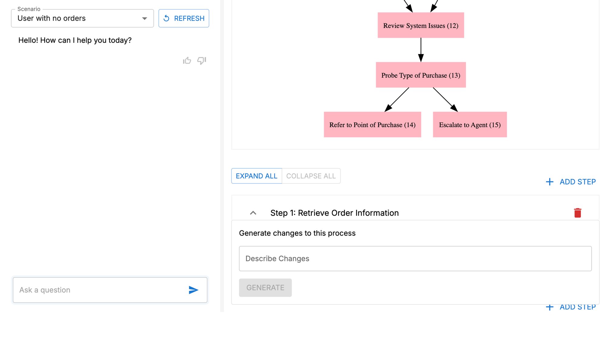 An engineer-built routine editor: default blue buttons, pink graph nodes, a chat pane on the left