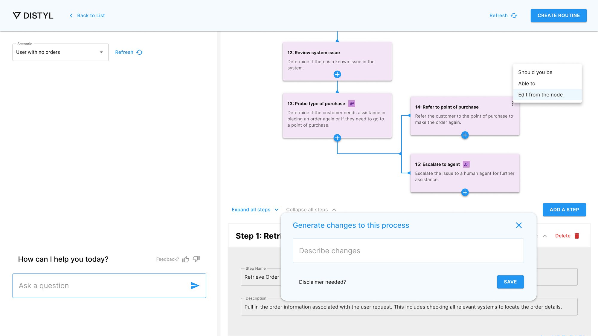 The same editor with cleaner type, card-style graph nodes and an inline generate panel