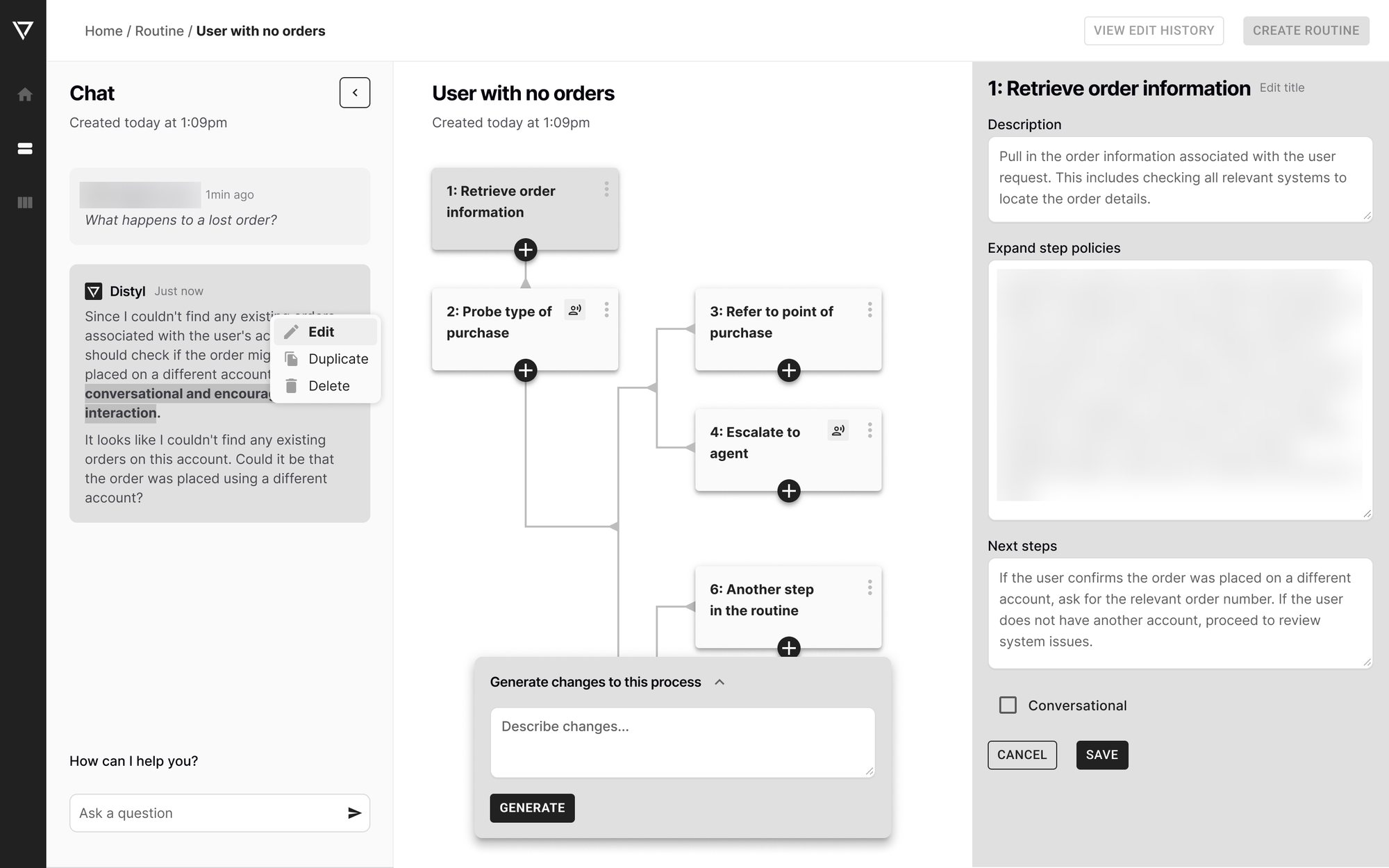 Grayscale layout: chat on the left, routine canvas in the middle, step inspector on the right
