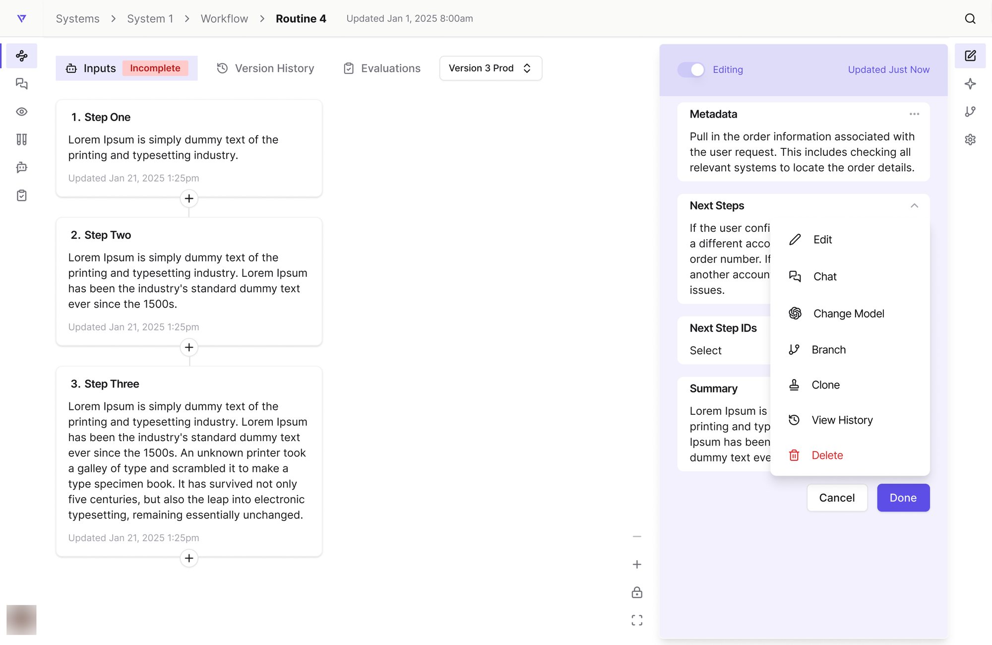 Final routine editor in Distyl purple: step cards, version tabs and an editing panel with an action menu