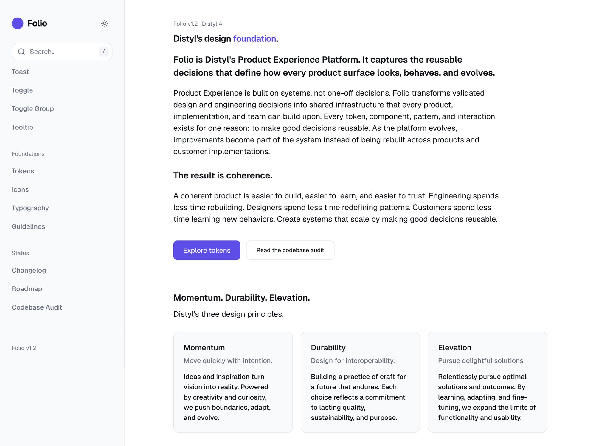 The Cognition docs site, now titled Folio: intro copy, two buttons and three design principle cards
