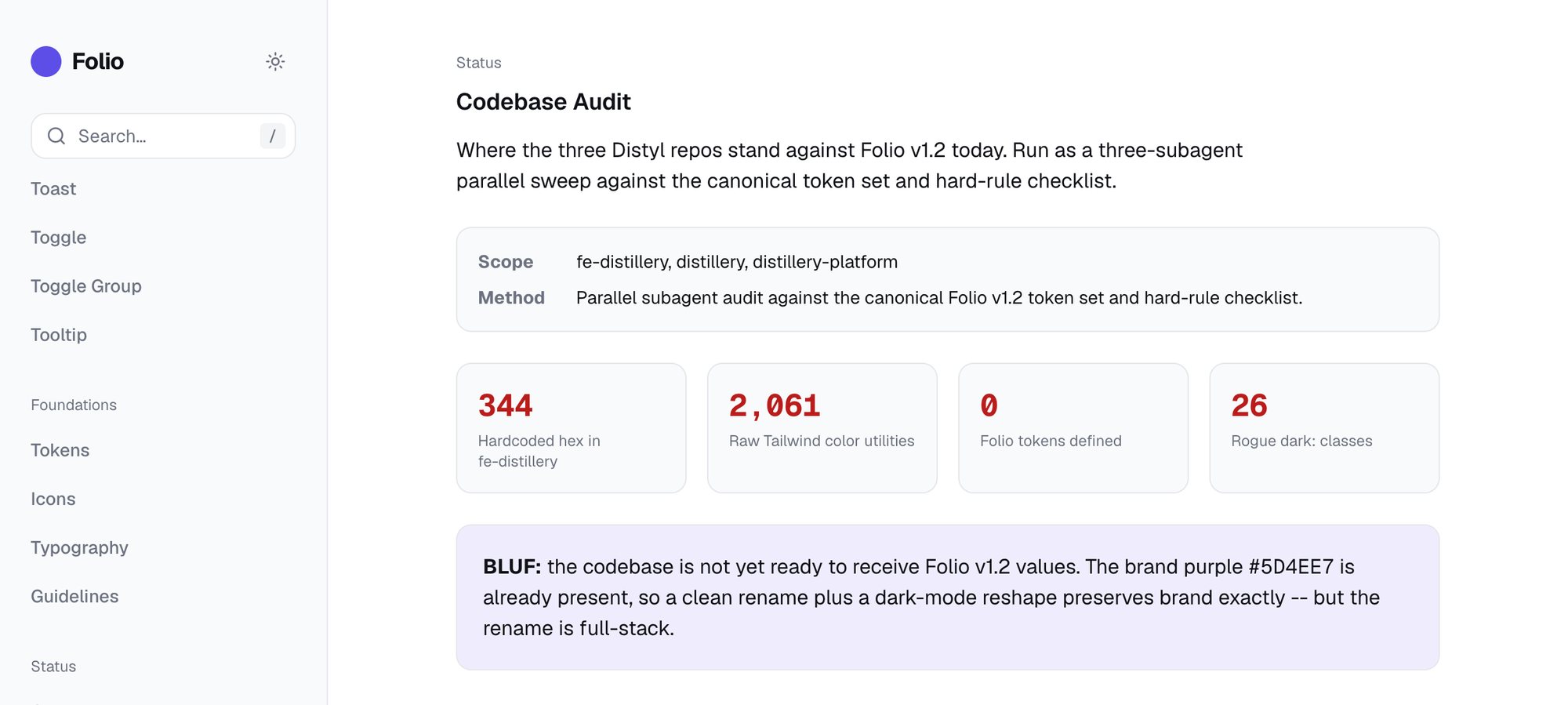 Codebase audit page: 344 hard-coded hex values, 2,061 raw color utilities, 0 tokens defined, 26 rogue dark classes