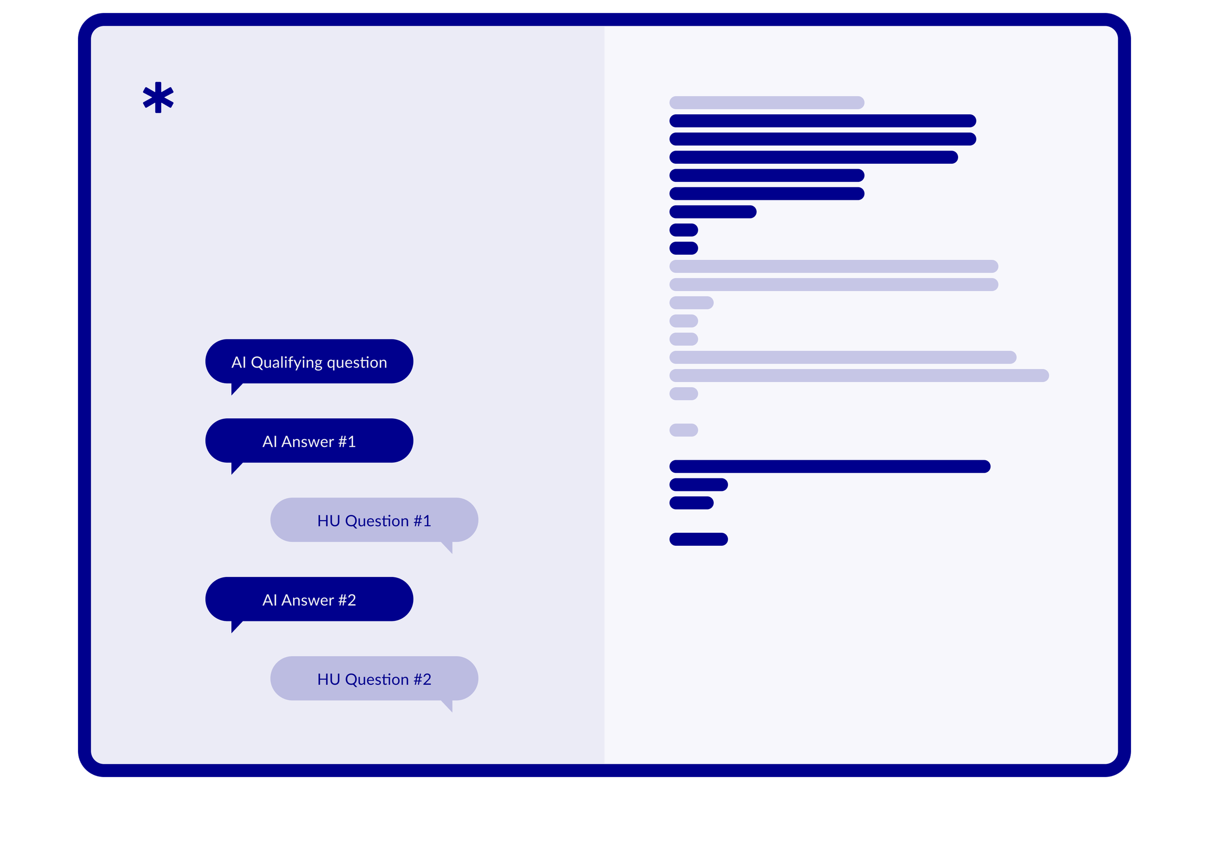 Chat workspace where the AI opens with a qualifying question