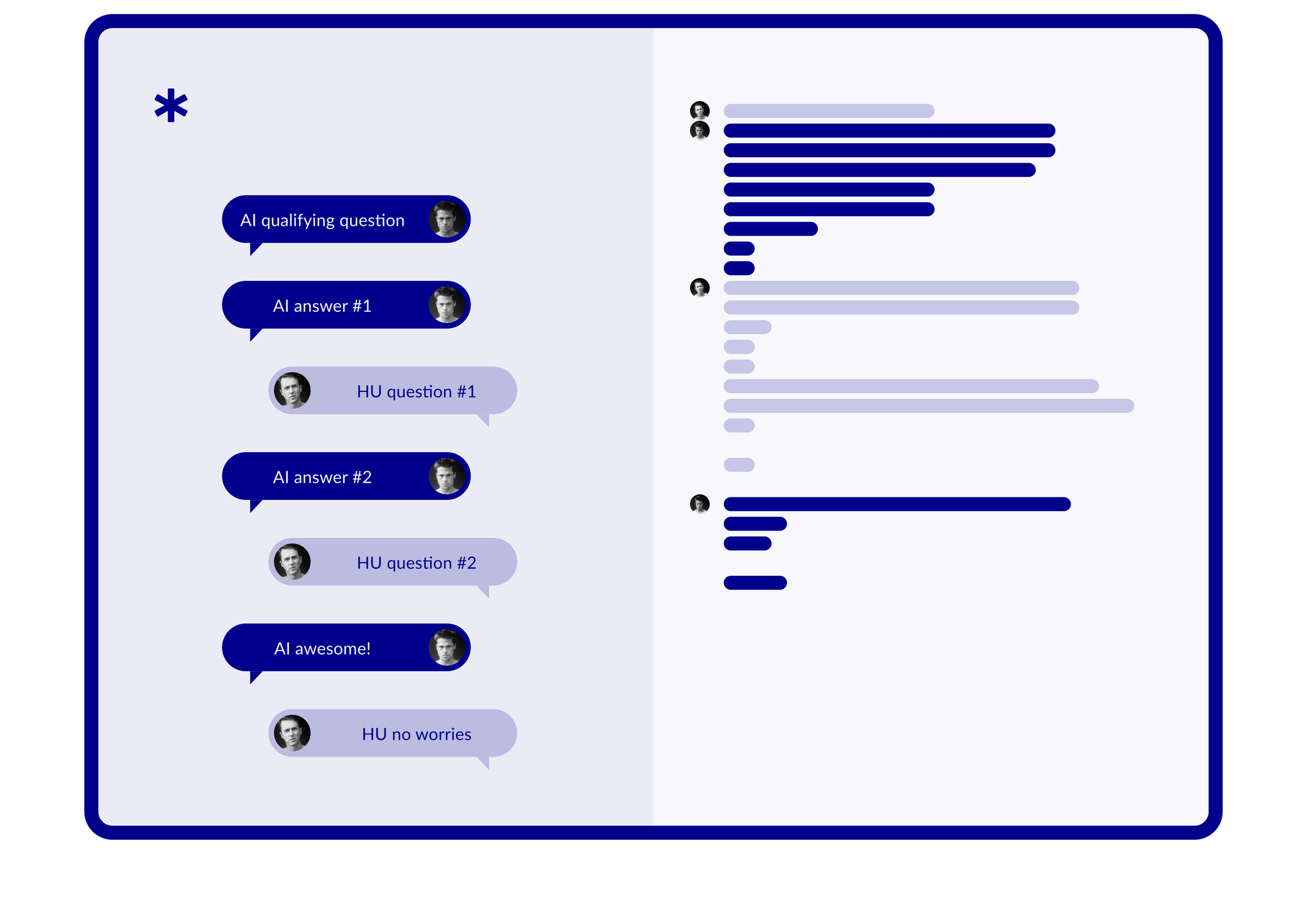 Chat workspace with avatars on every turn; the AI and human trade small talk