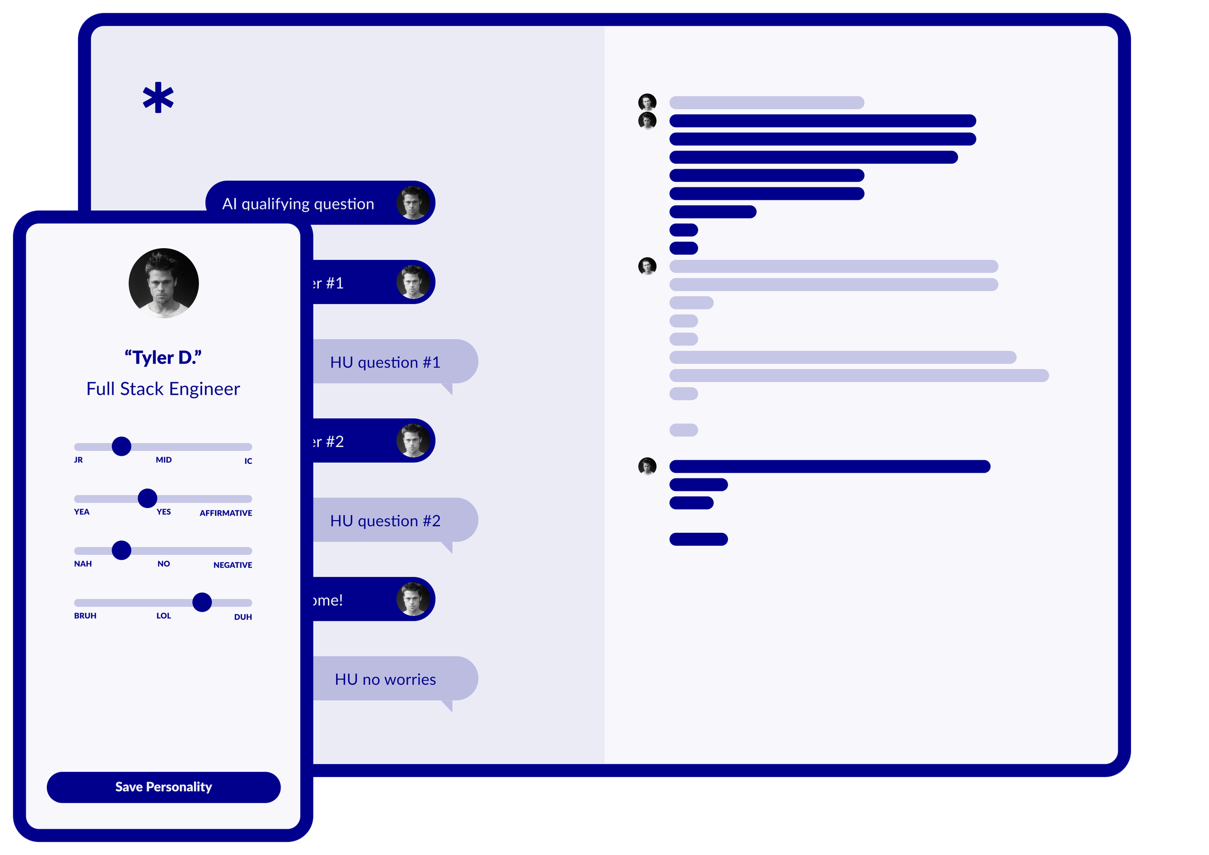 Original 2023 slide: a persona card with seniority and tone sliders and a Save Personality button, over the chat workspace