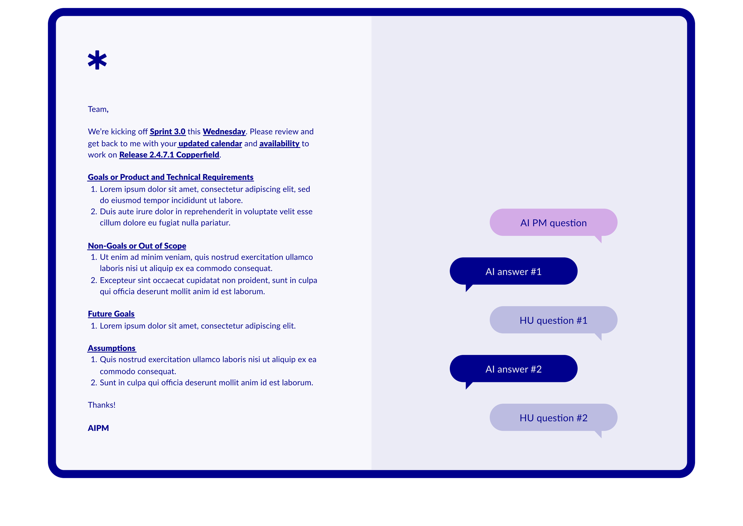An AI project manager posts a sprint kickoff document beside the chat