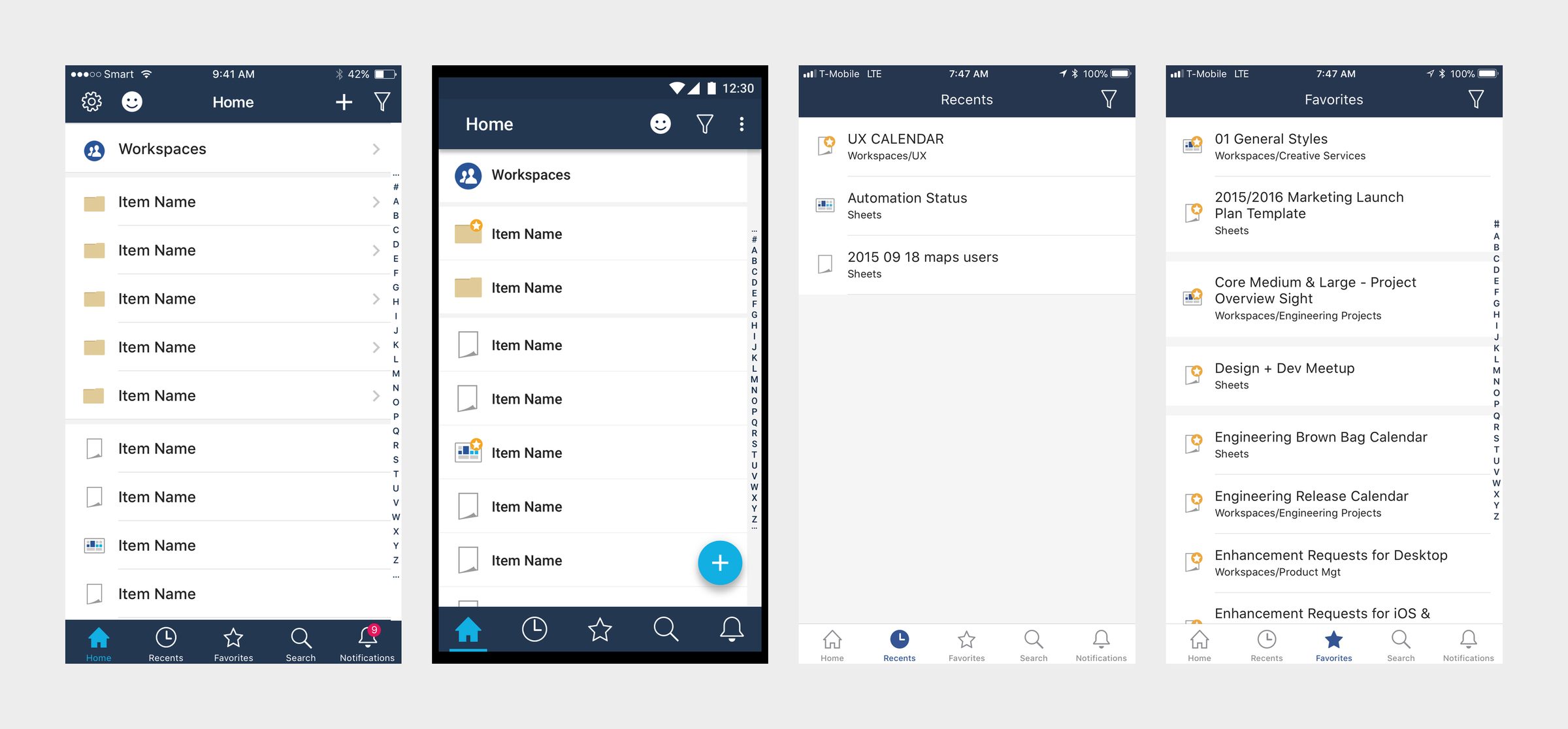 Four phone screens: the new iOS and Android home with workspaces, plus the Recents and Favorites tabs