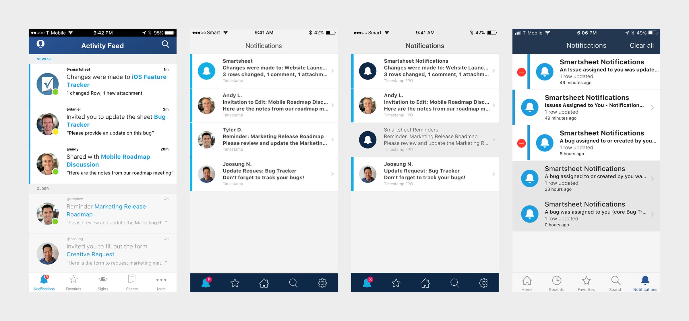 Four phone screens: an activity feed concept, two notification design studies, and the shipped notification center