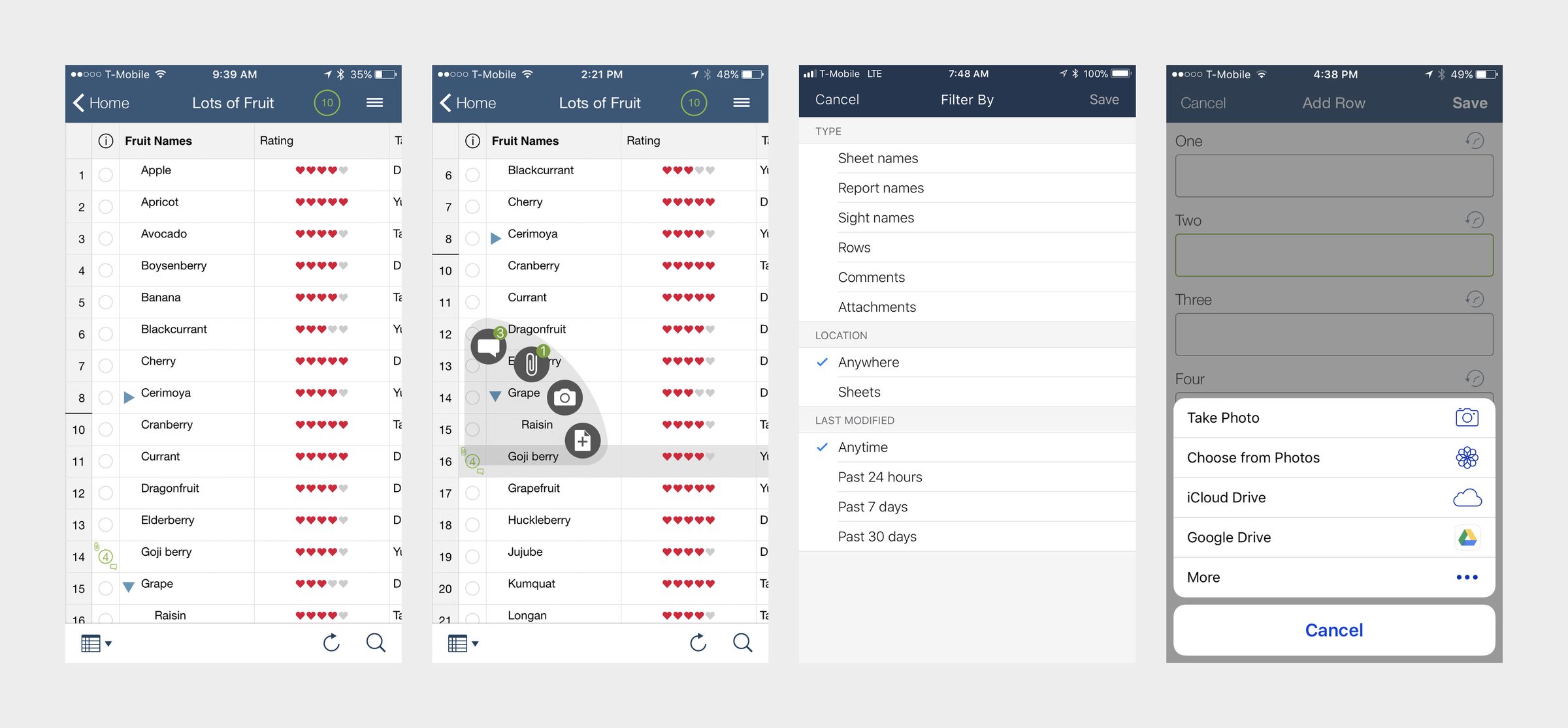 Four phone screens from the original app: the full spreadsheet grid on a phone, row actions, a filter panel and an add-row form