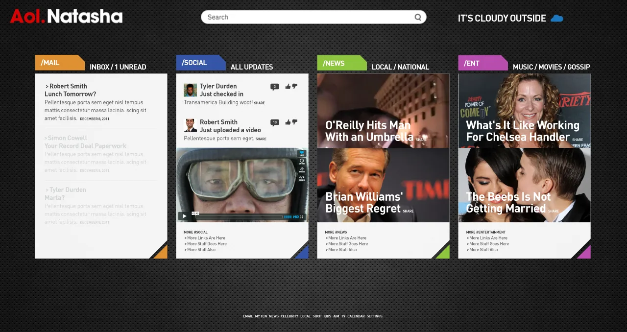 The same AOL homepage concept in a dark theme for cloudy weather