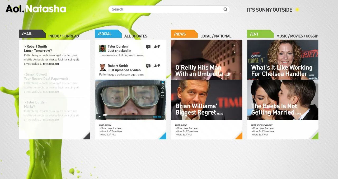 AOL homepage concept with mail, social, news and entertainment cards over a lime paint splash