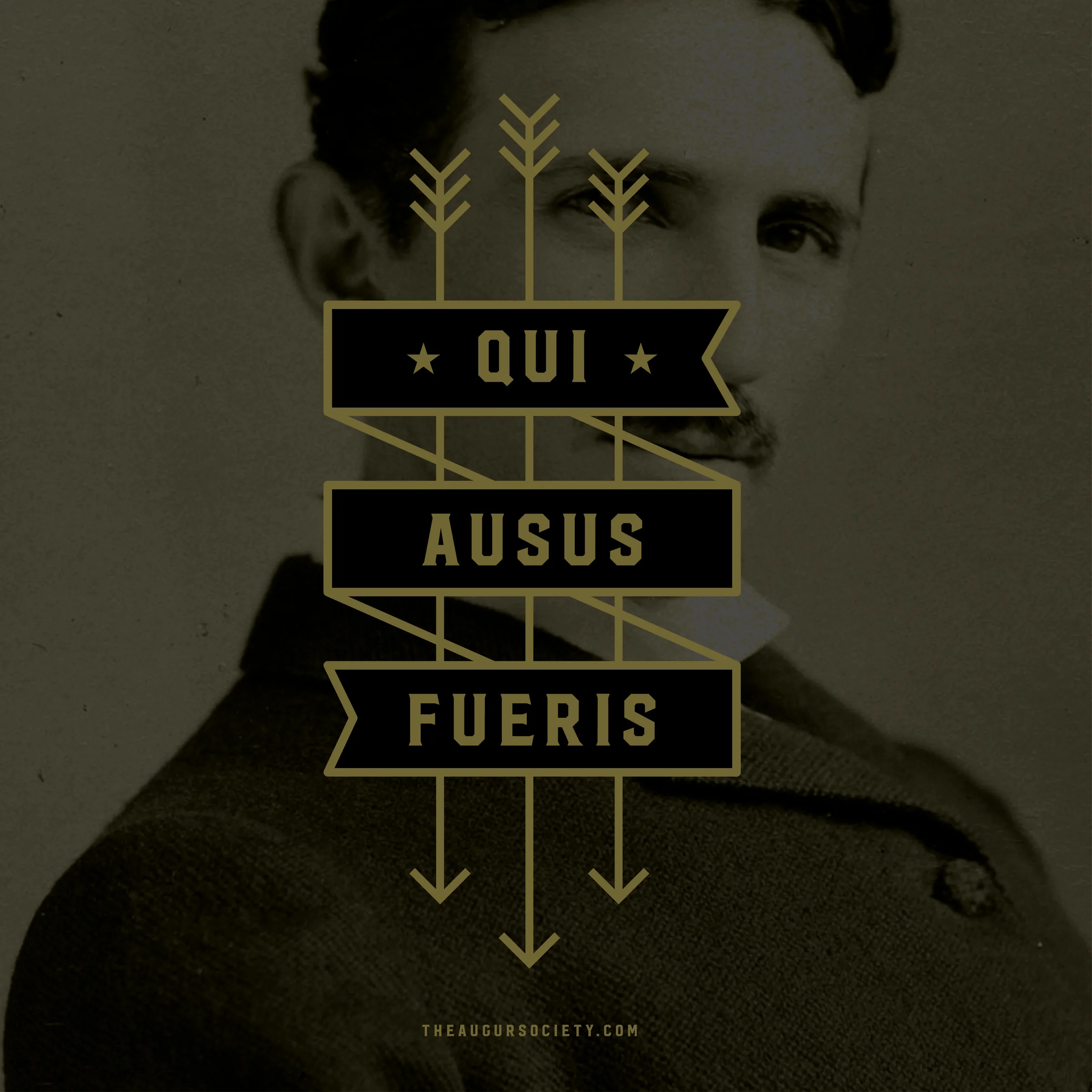 Qui ausus fueris banner and arrows mark in gold over a sepia portrait, for The Augur Society