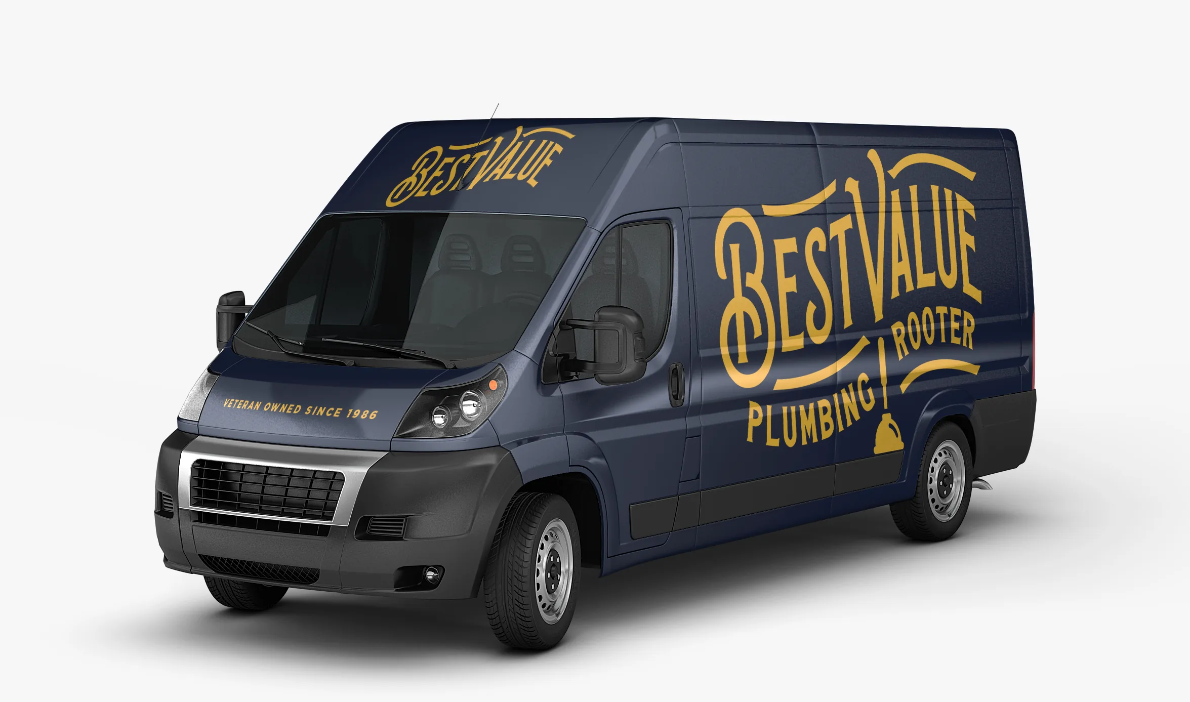 Navy van wrapped in gold Best Value Plumbing and Rooter lettering