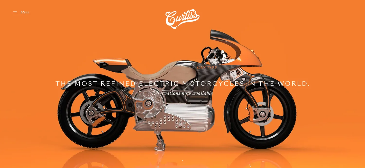 Curtiss homepage hero: an orange and carbon electric motorcycle on orange, The most refined electric motorcycles in the world