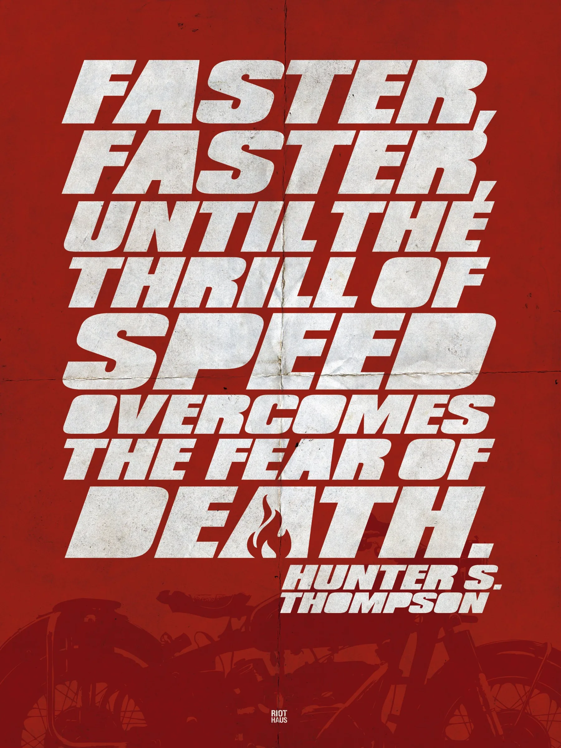 Red folded poster of a Hunter S. Thompson quote about speed over a motorcycle silhouette