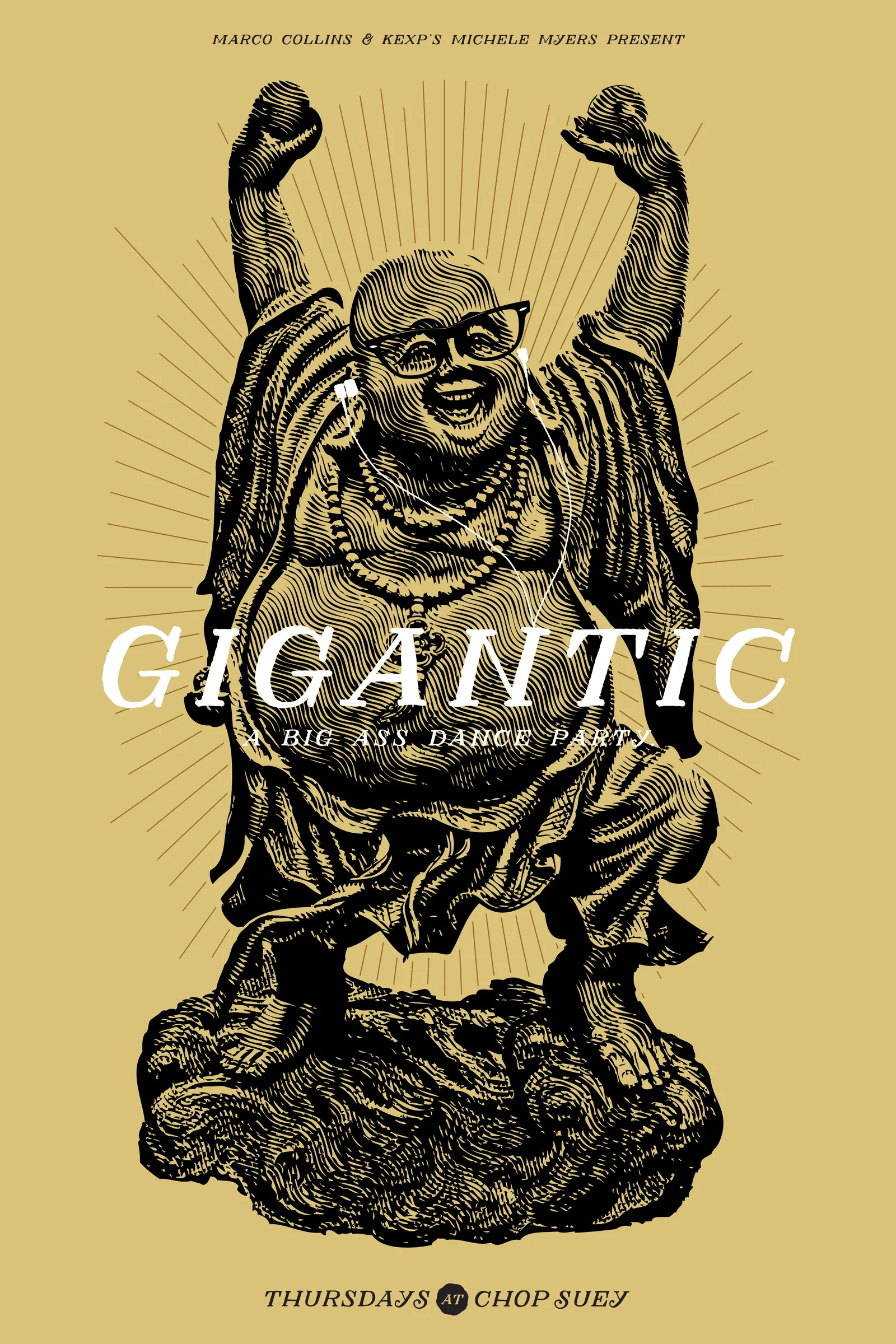 Gigantic dance party poster with an engraved laughing Buddha in glasses and earbuds