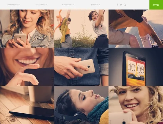 HTC site grid of lifestyle photos with people and phones