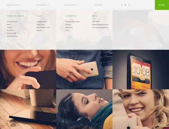HTC site with the mega menu open over the photo grid