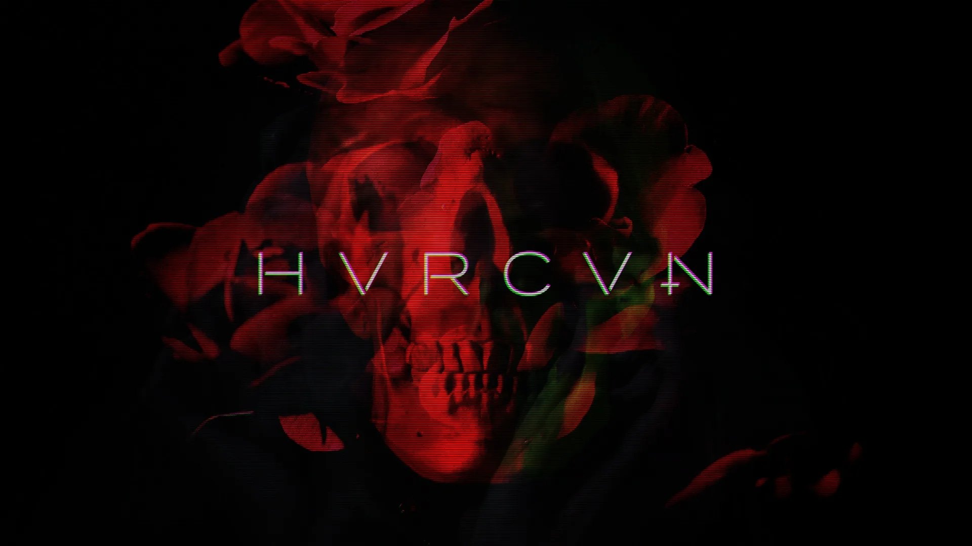 HVRCVN wordmark with a glitch over a red skull and roses on black