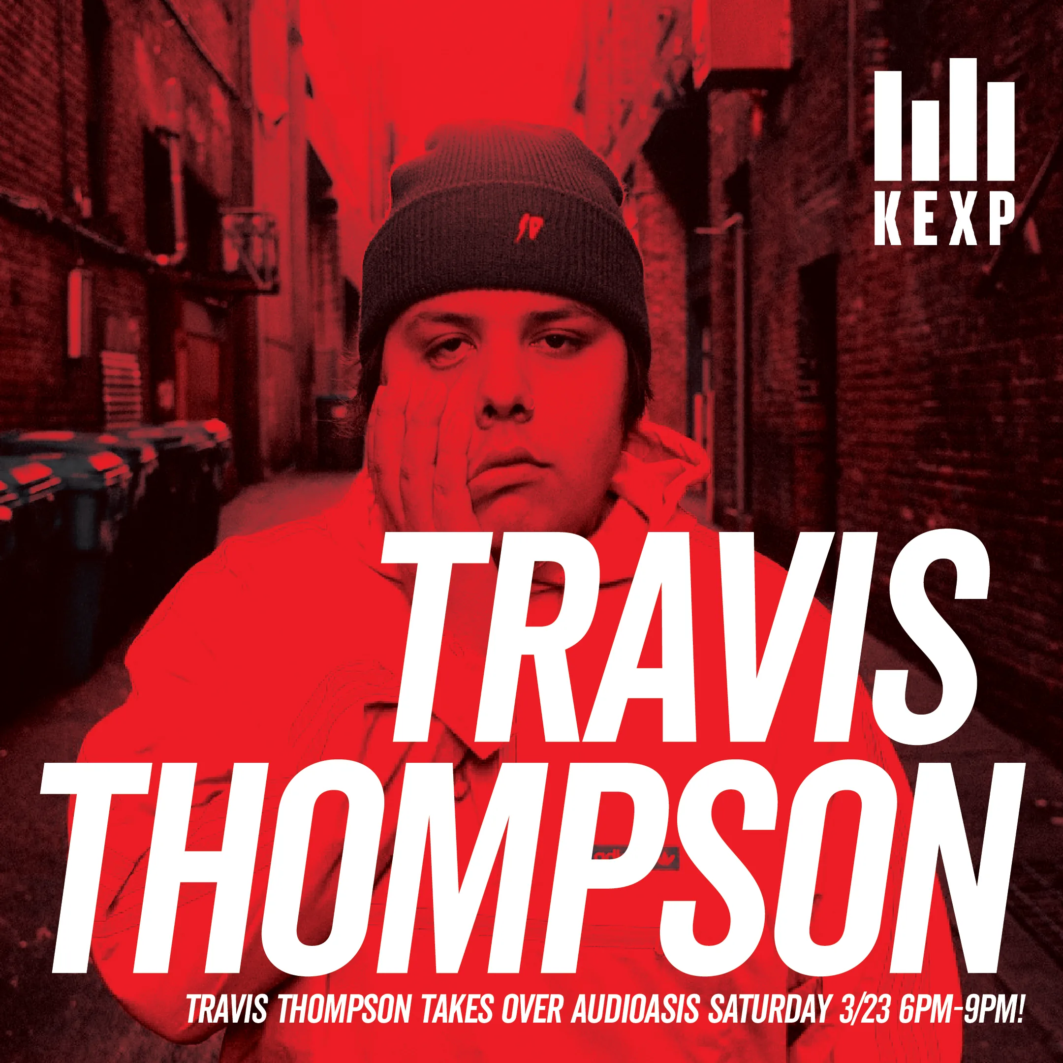 Red KEXP promo with Travis Thompson in an alley and his name in huge white type