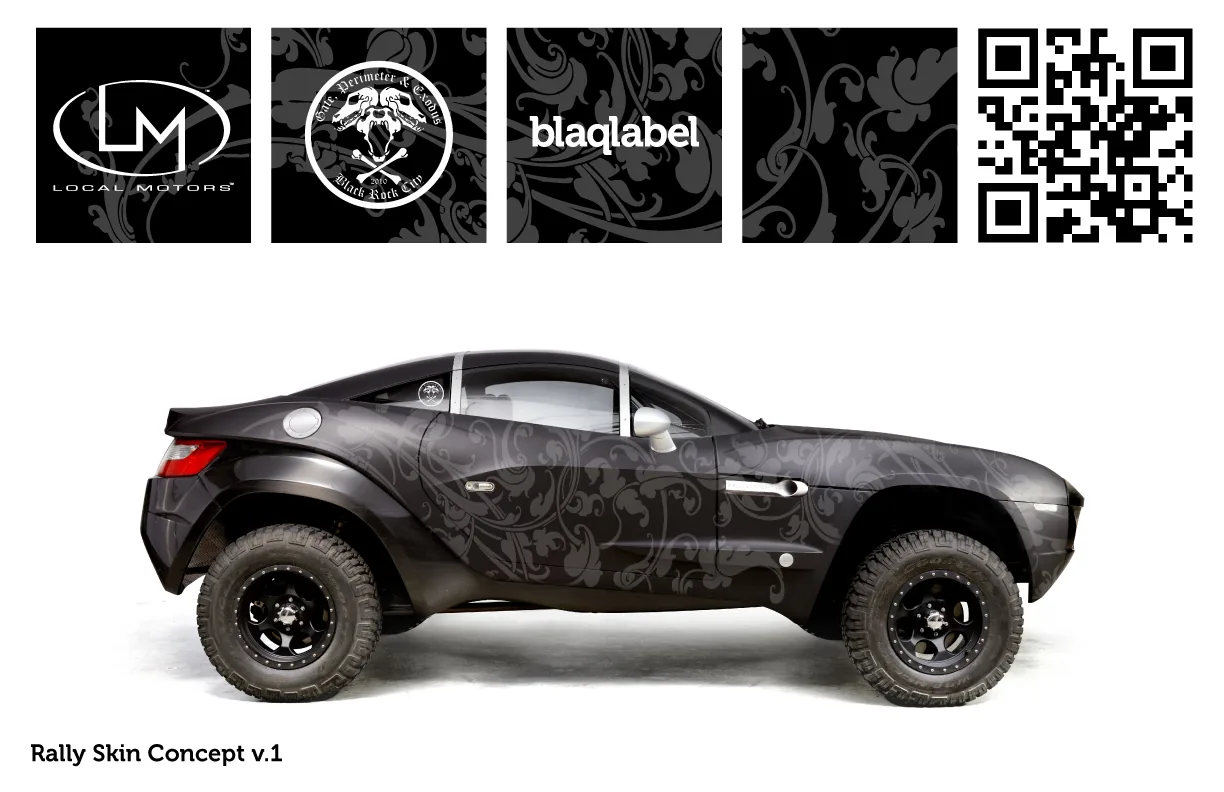 Rally Skin Concept v.1: a Local Motors Rally Fighter in a black filigree wrap with blaqlabel marks