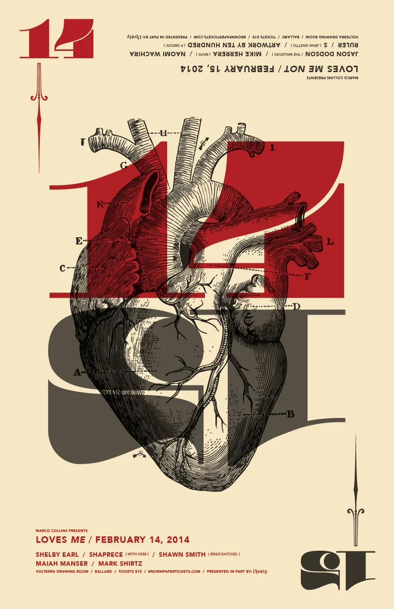 Cream show poster with an engraved anatomical heart over a red 14