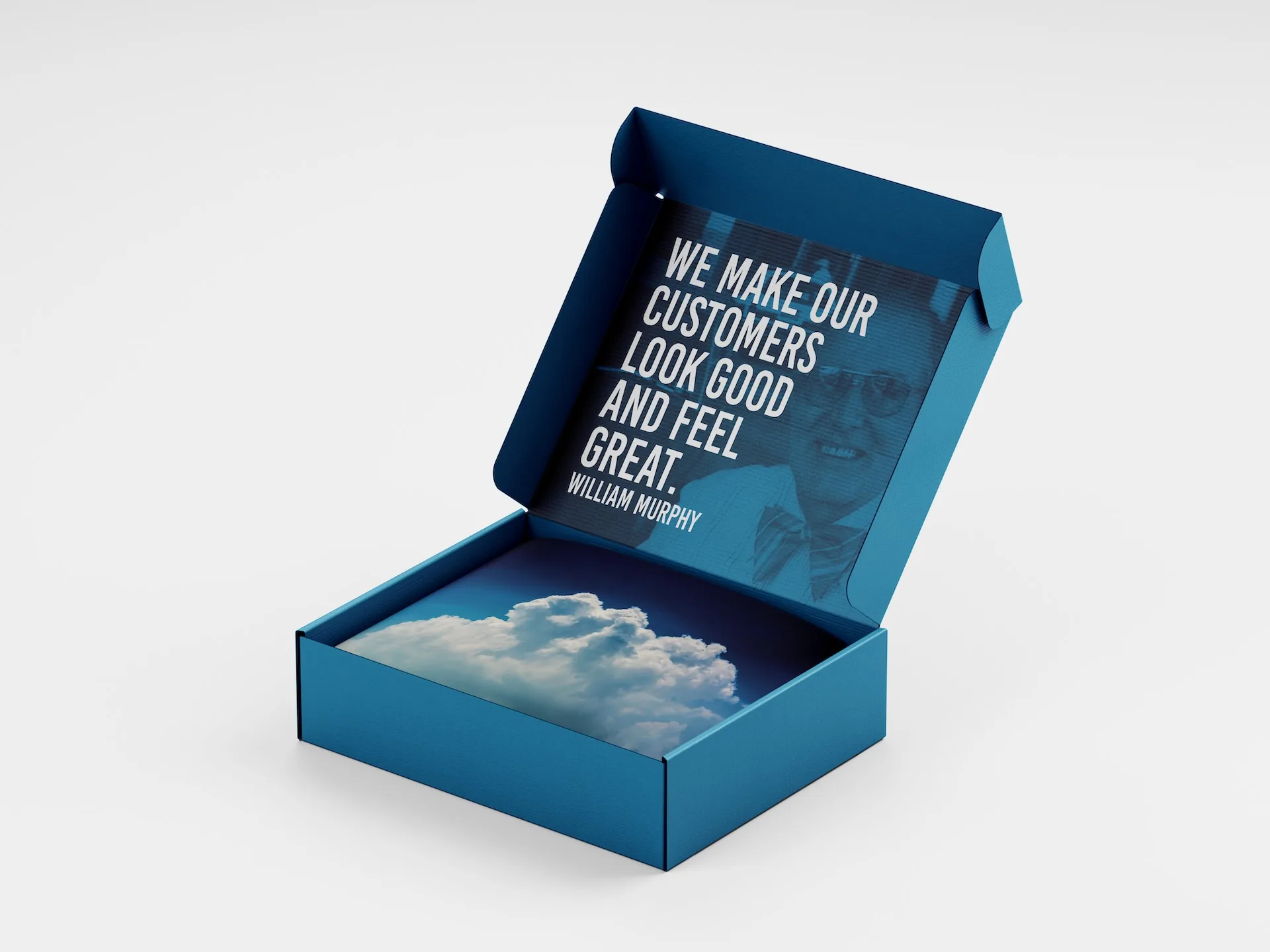 Open Murphy Hartelius mailer with a William Murphy quote inside the lid