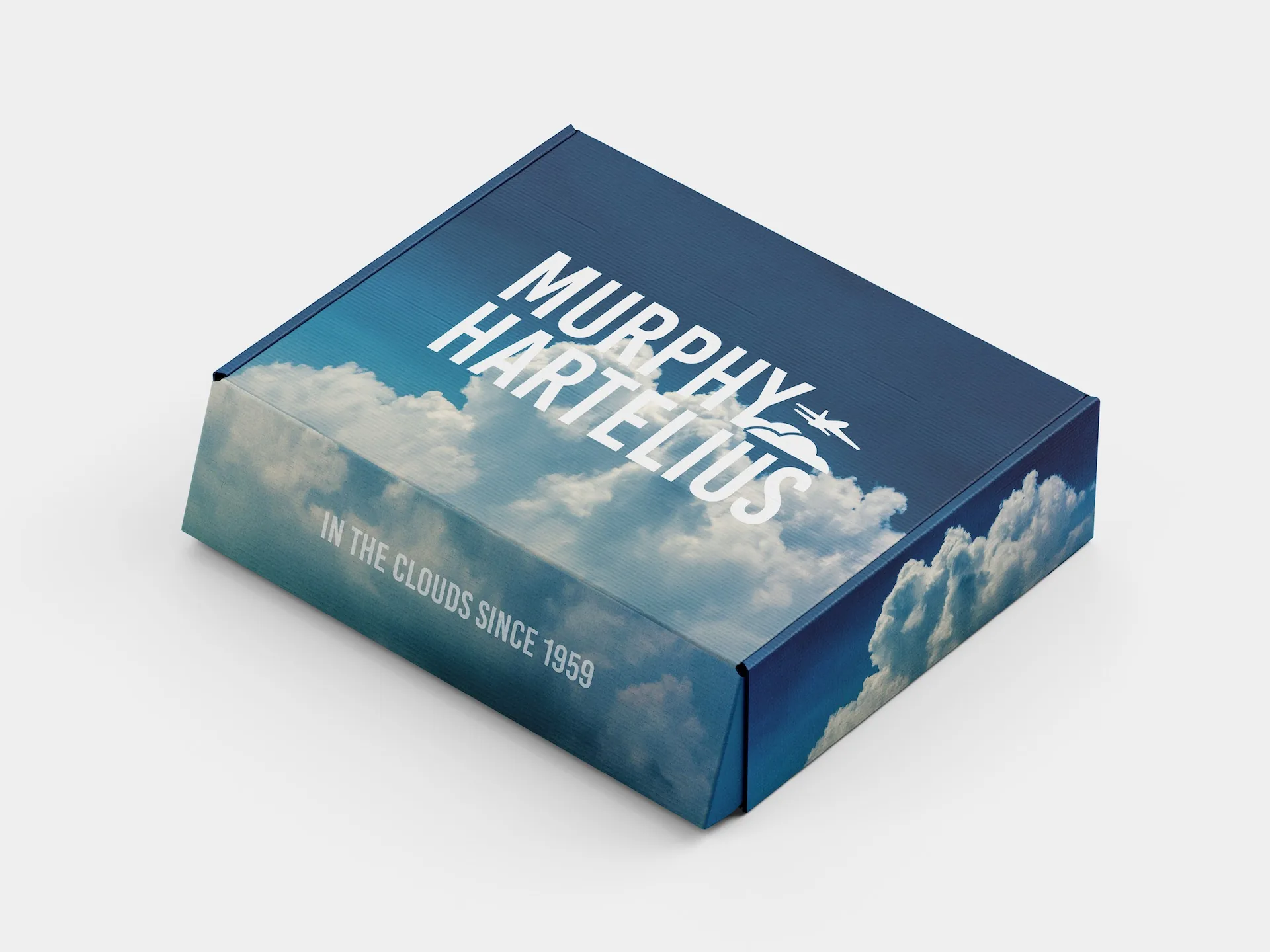 Murphy Hartelius mailer box printed with clouds and In the clouds since 1959