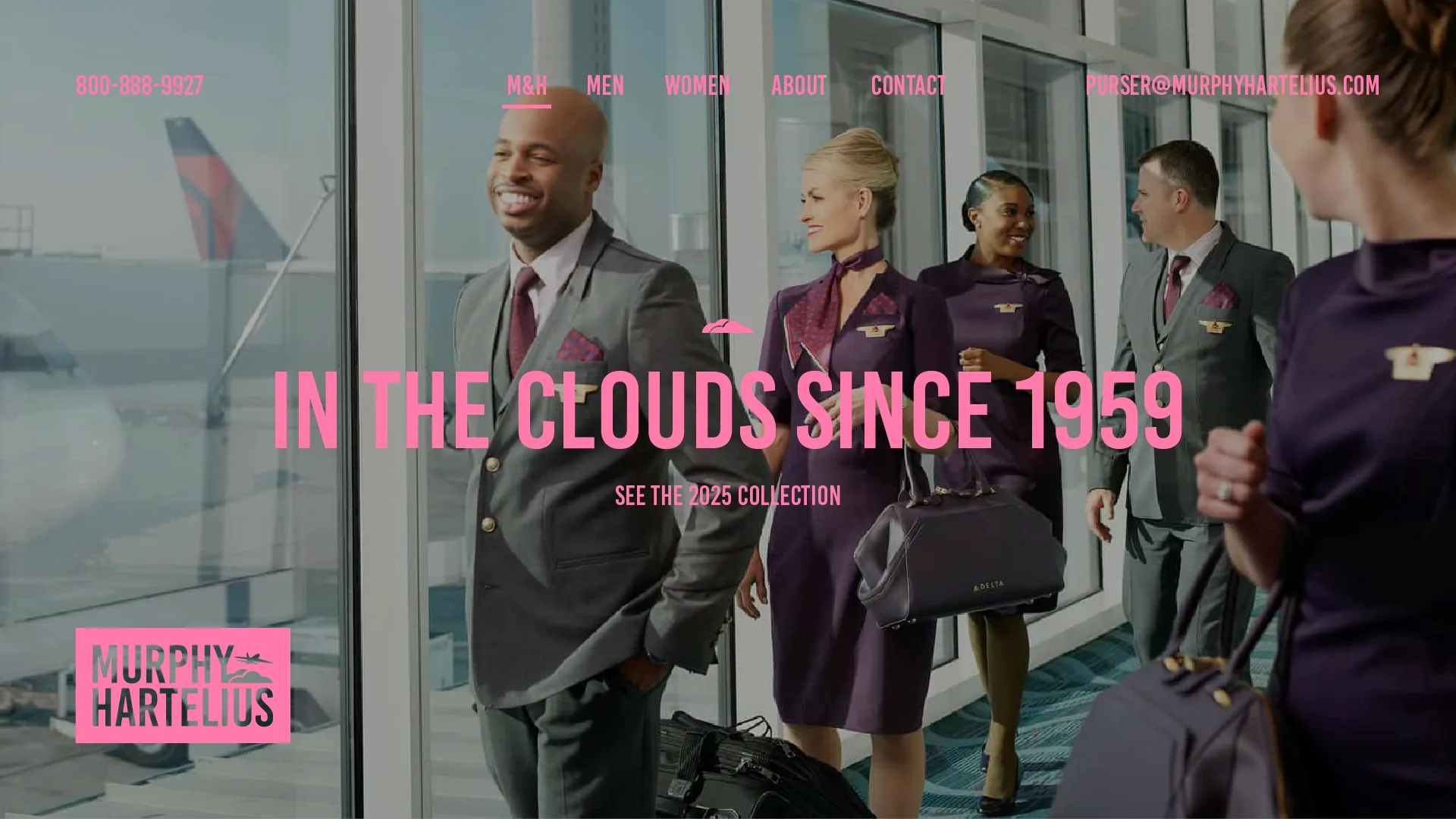 Murphy Hartelius homepage variant in pink over flight crew in a terminal