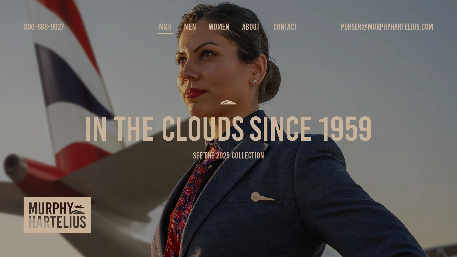 Murphy Hartelius homepage variant in tan over a flight attendant by a tail fin