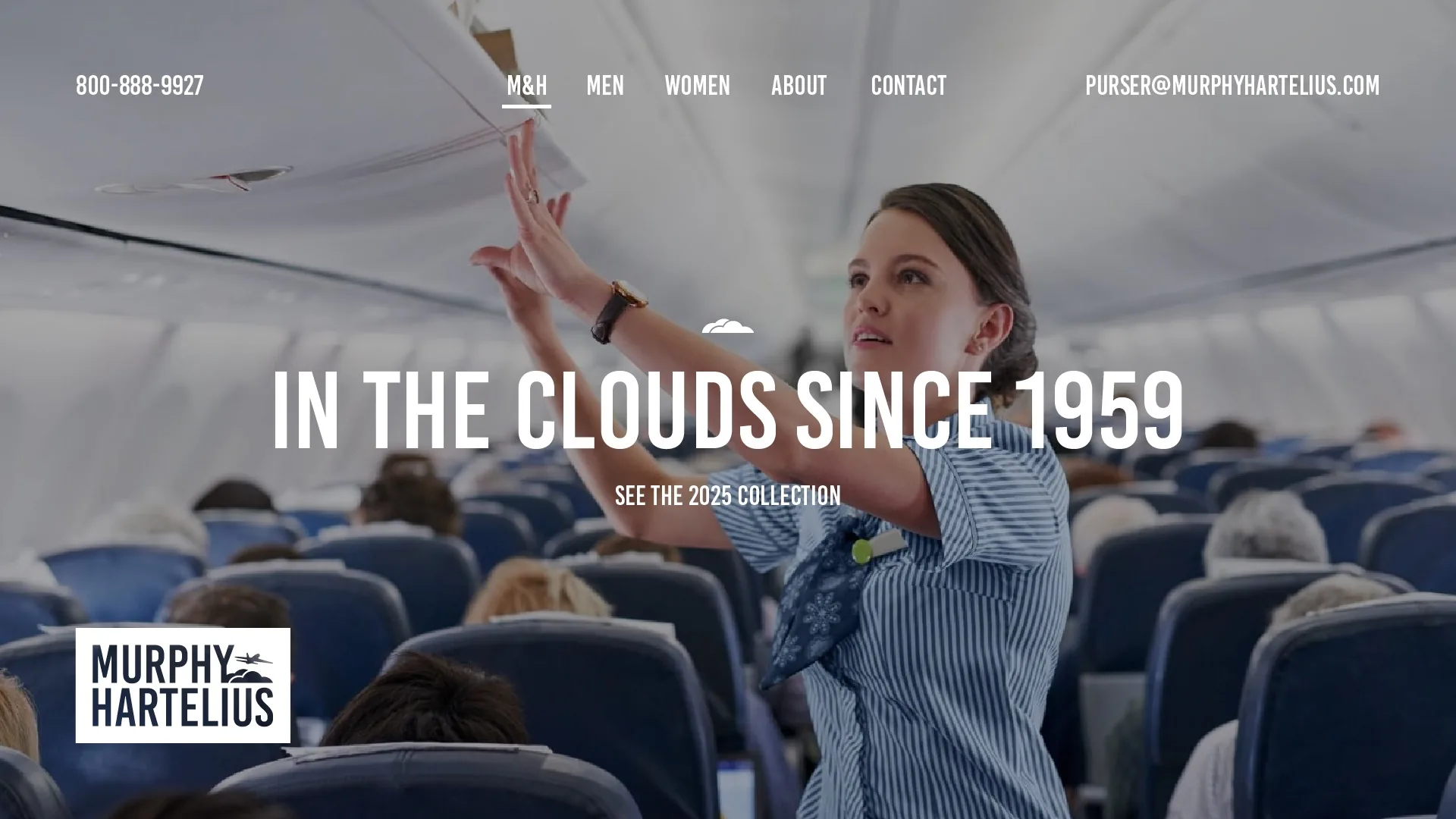 Murphy Hartelius homepage: a flight attendant in the cabin under In the clouds since 1959