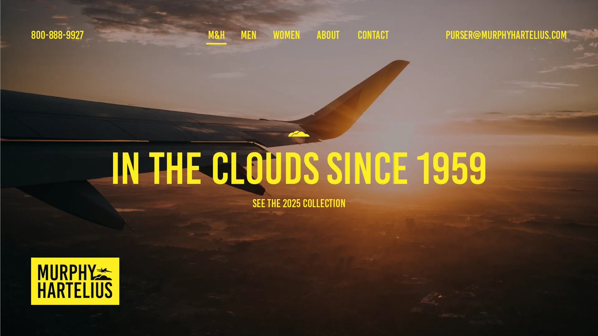 Murphy Hartelius homepage variant in yellow over a wing at sunset