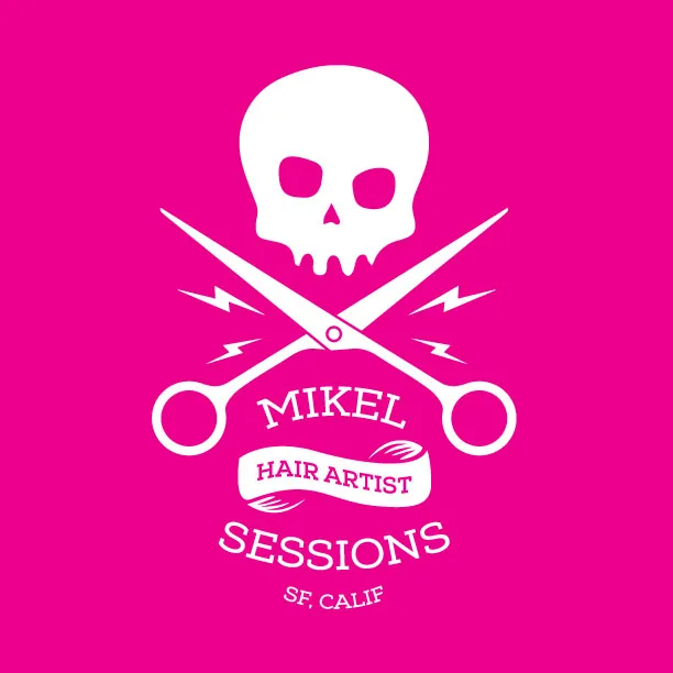 Pink logo of a skull over crossed scissors for Mikel Sessions, hair artist, SF
