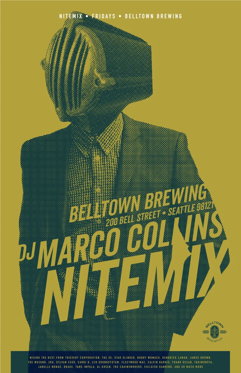 Mustard and teal halftone poster for DJ Marco Collins Nitemix at Belltown Brewing