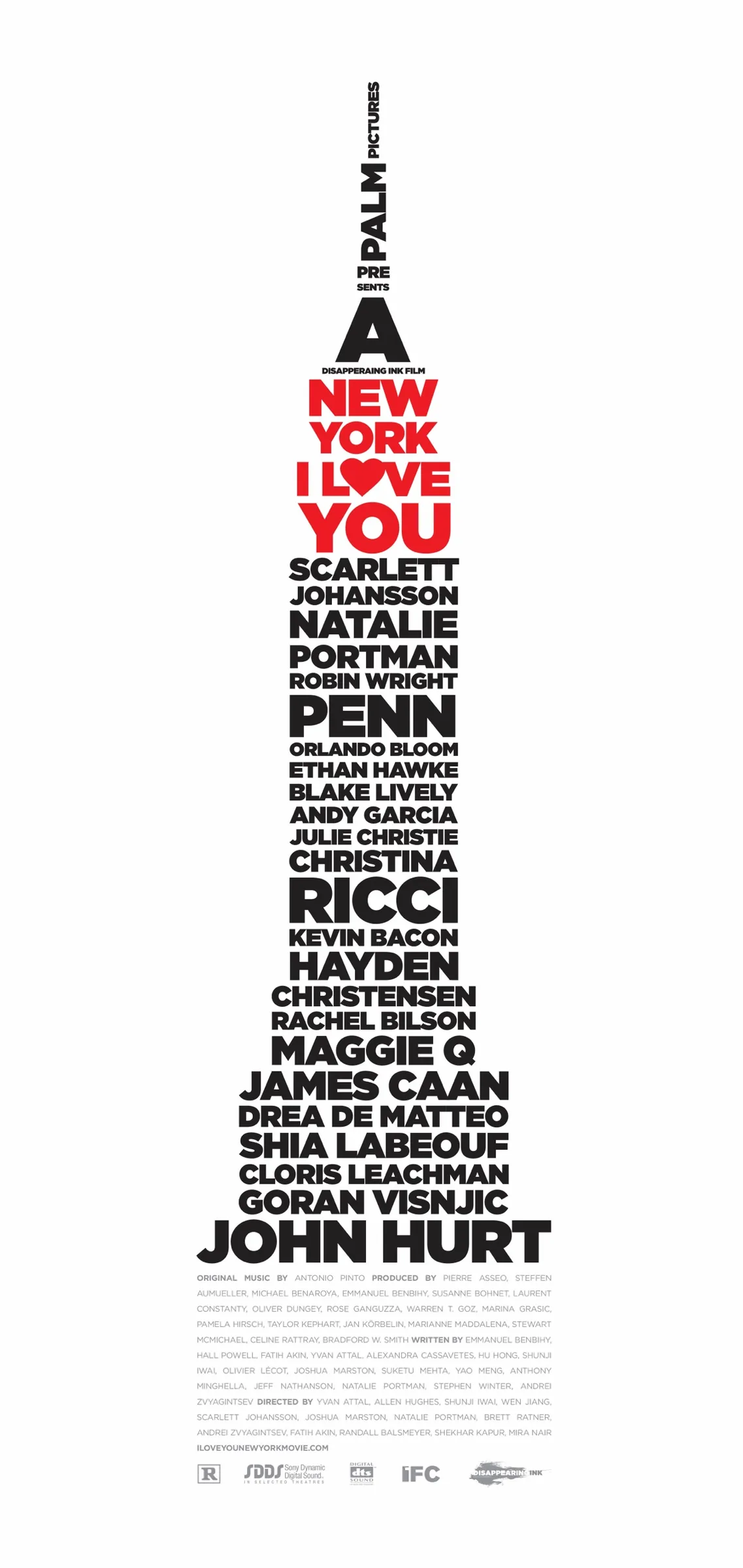 New York, I Love You poster with the cast names stacked into the Empire State Building
