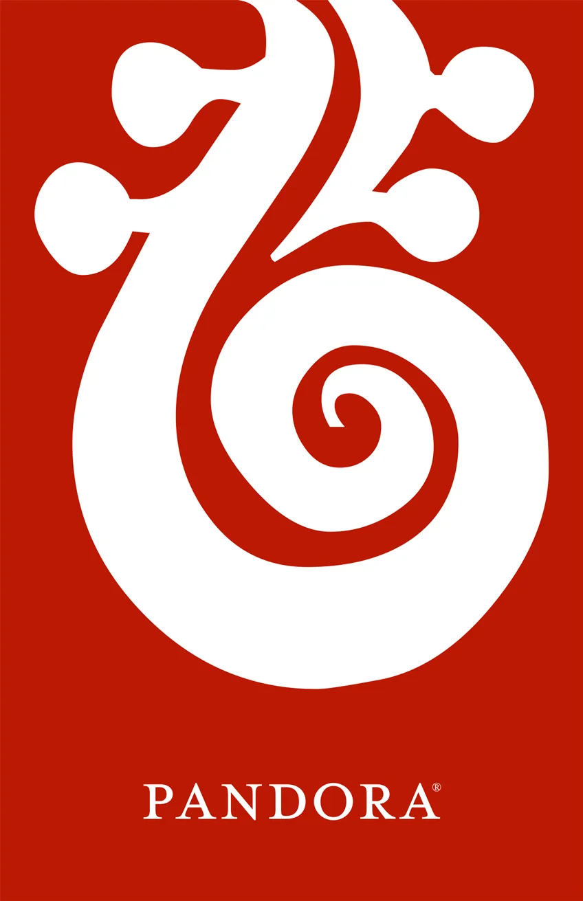 White swirling ornamental mark on red above the Pandora wordmark