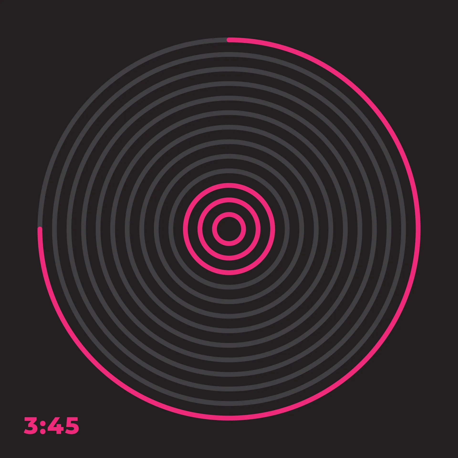 Ring clock at 3:45: three pink inner rings lit and the outer ring swept three quarters around, on charcoal