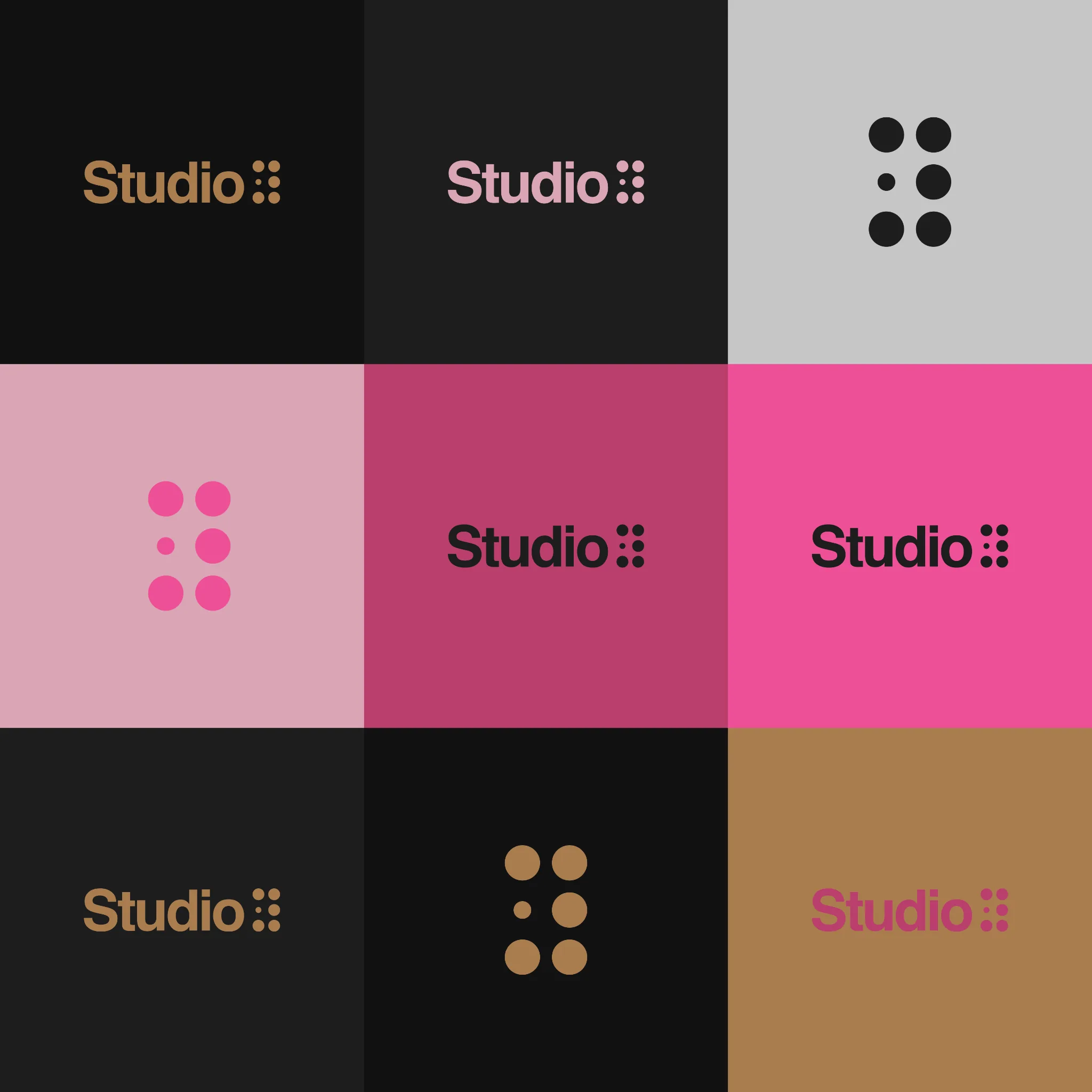 Studio y Studio wordmark and dot mark in a nine-square grid of pinks, tans and charcoals