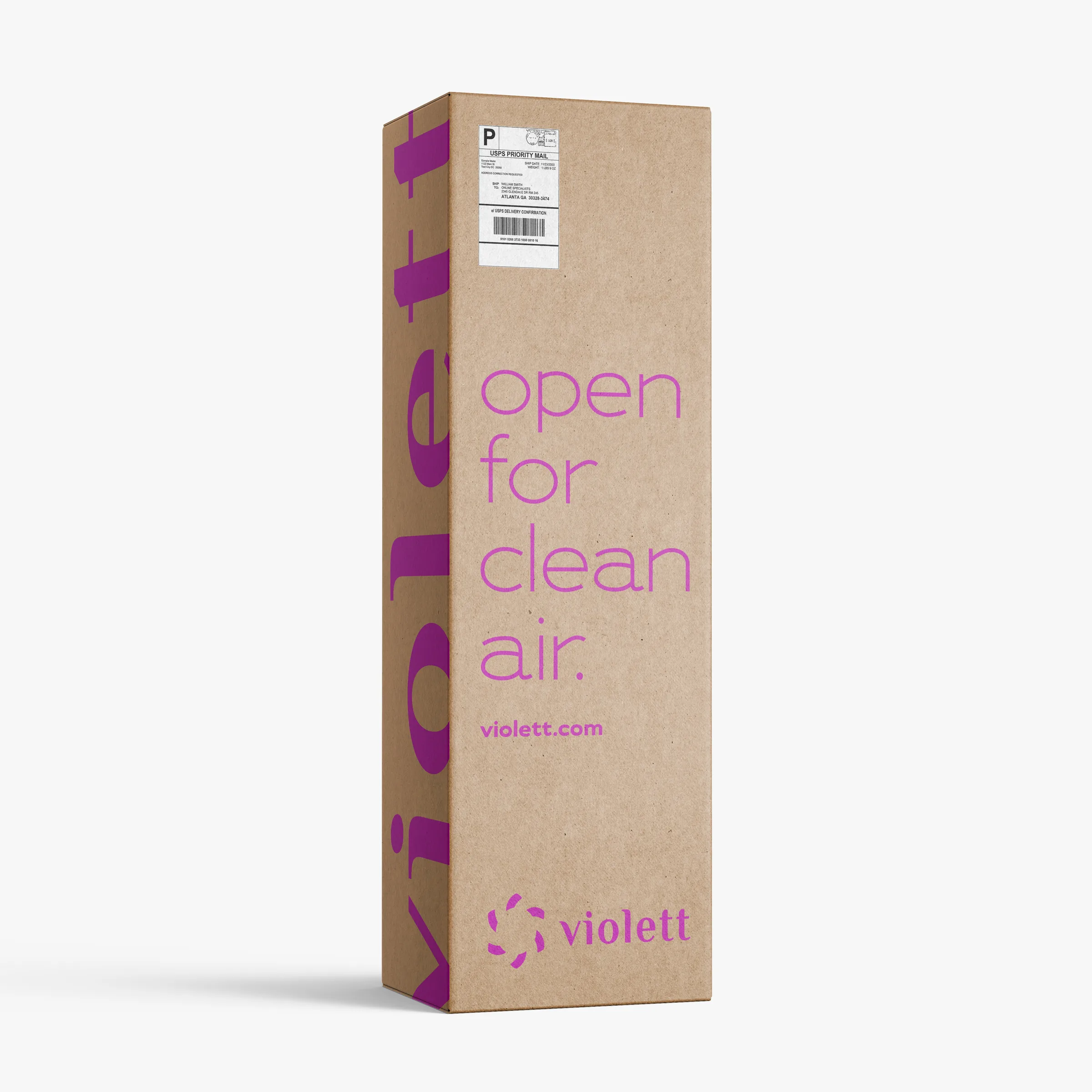 Kraft shipping box printed Open for clean air with the Violett logo in magenta