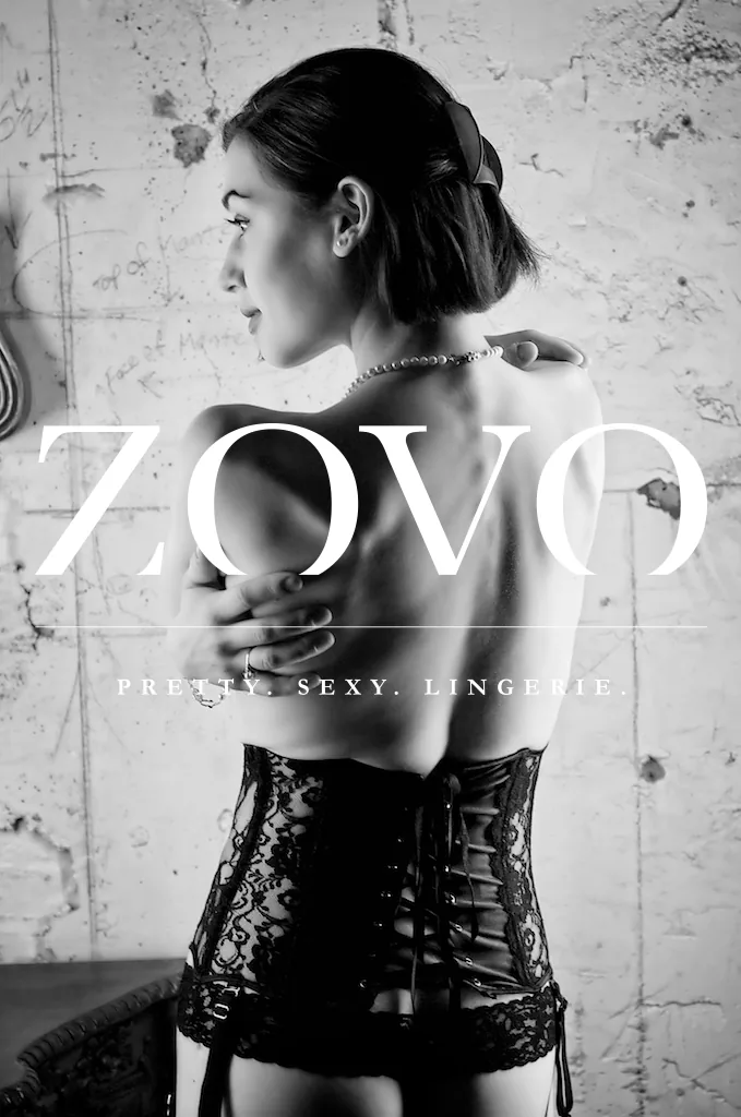 Black and white lingerie campaign image with the Zovo wordmark